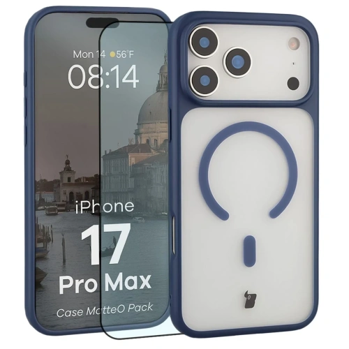 Etui z pierścieniem magnetycznym + szkło hartowane Bizon MatteO Pack do Apple iPhone 17 Pro Max przydymione-granatowe