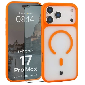 Etui z pierścieniem magnetycznym + szkło hartowane Bizon MatteO Pack do Apple iPhone 17 Pro Max przydymione-pomarańczowe