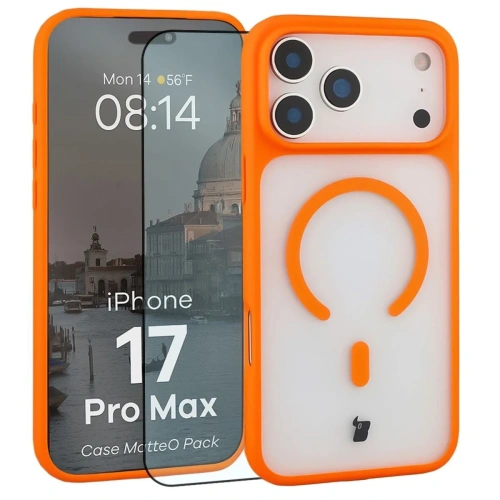 Etui z pierścieniem magnetycznym + szkło hartowane Bizon MatteO Pack do Apple iPhone 17 Pro Max przydymione-pomarańczowe