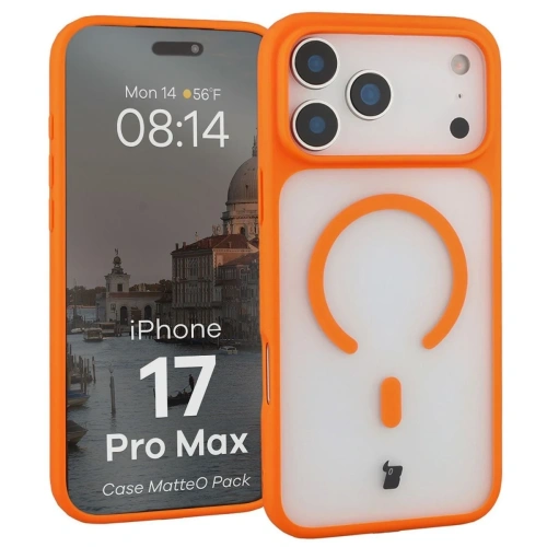 Etui z pierścieniem magnetycznym + szkło hartowane Bizon MatteO Pack do Apple iPhone 17 Pro Max przydymione-pomarańczowe