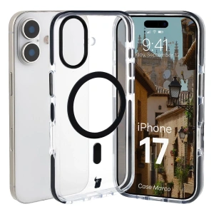 Etui z pierścieniem magnetycznym Bizon Case Marco do Apple iPhone 17 przezroczyste z czarną ramką