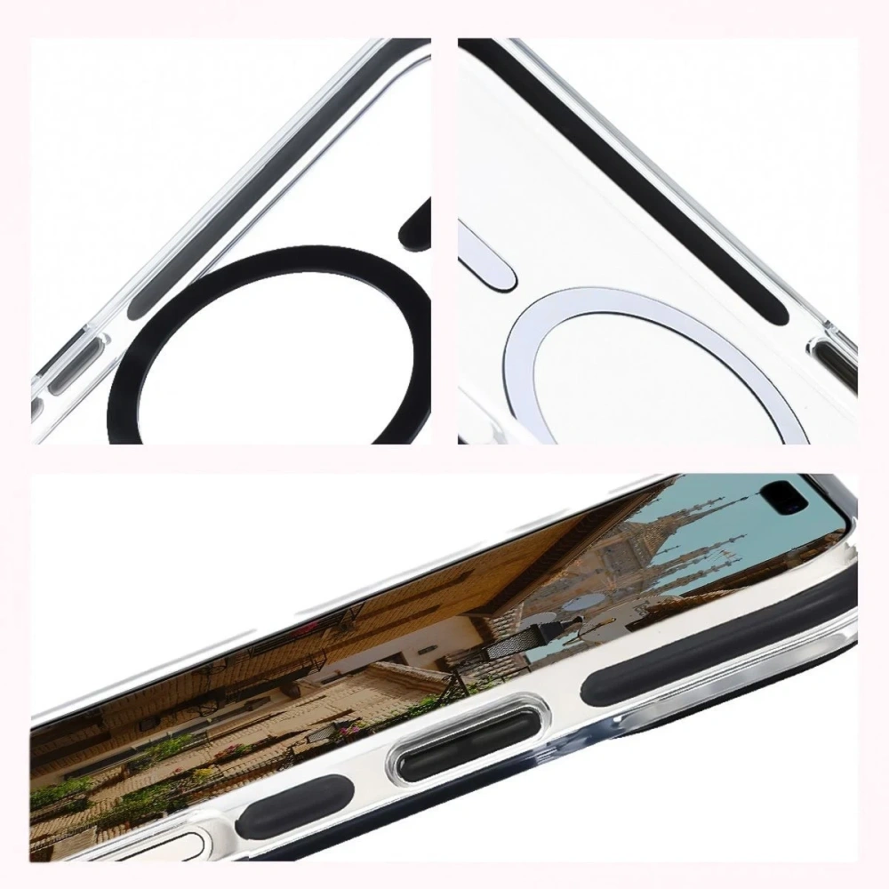 Etui z pierścieniem magnetycznym Bizon Case Marco do Apple iPhone 17 przezroczyste z czarną ramką