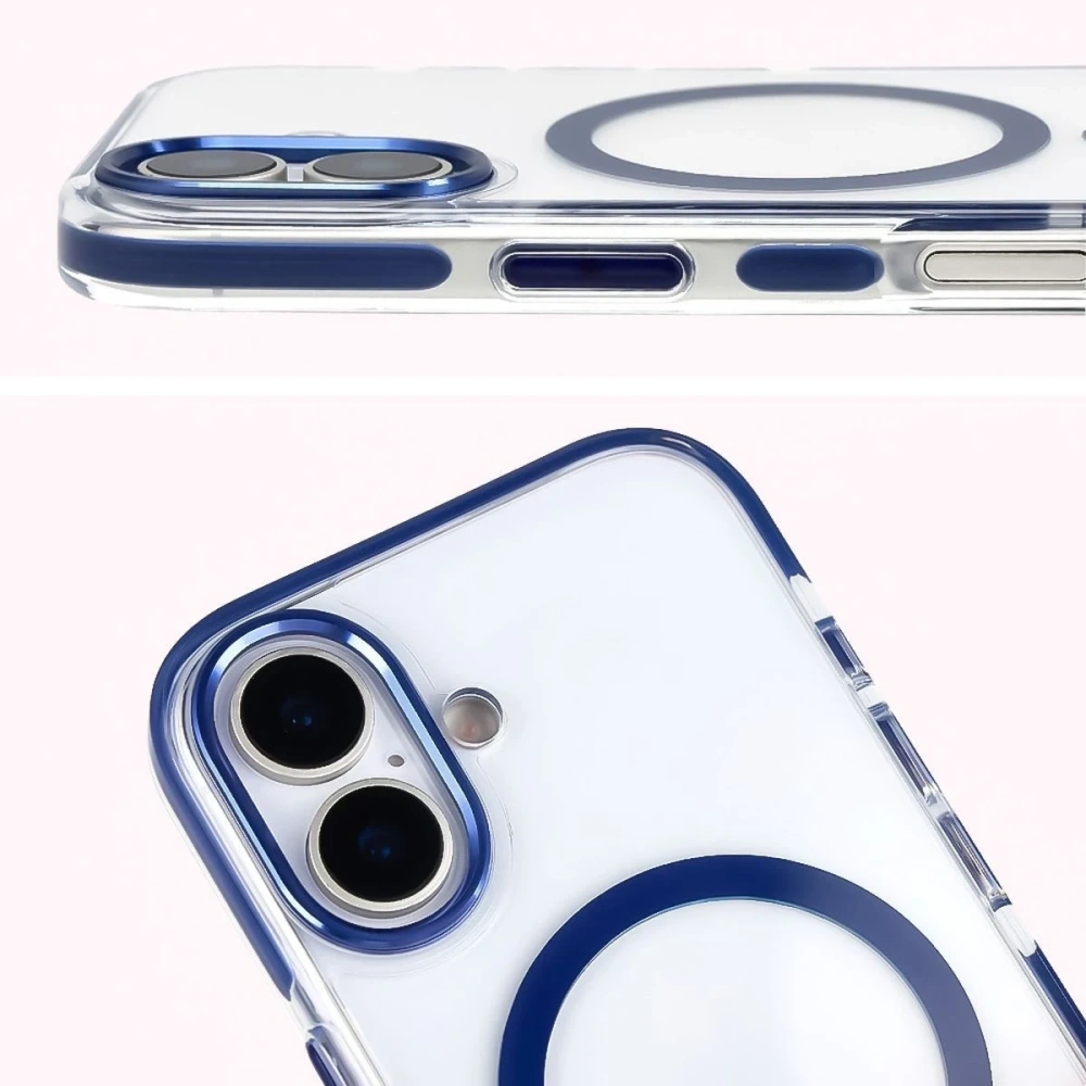 Etui z pierścieniem magnetycznym Bizon Case Marco do Apple iPhone 17 przezroczyste z niebieską ramką