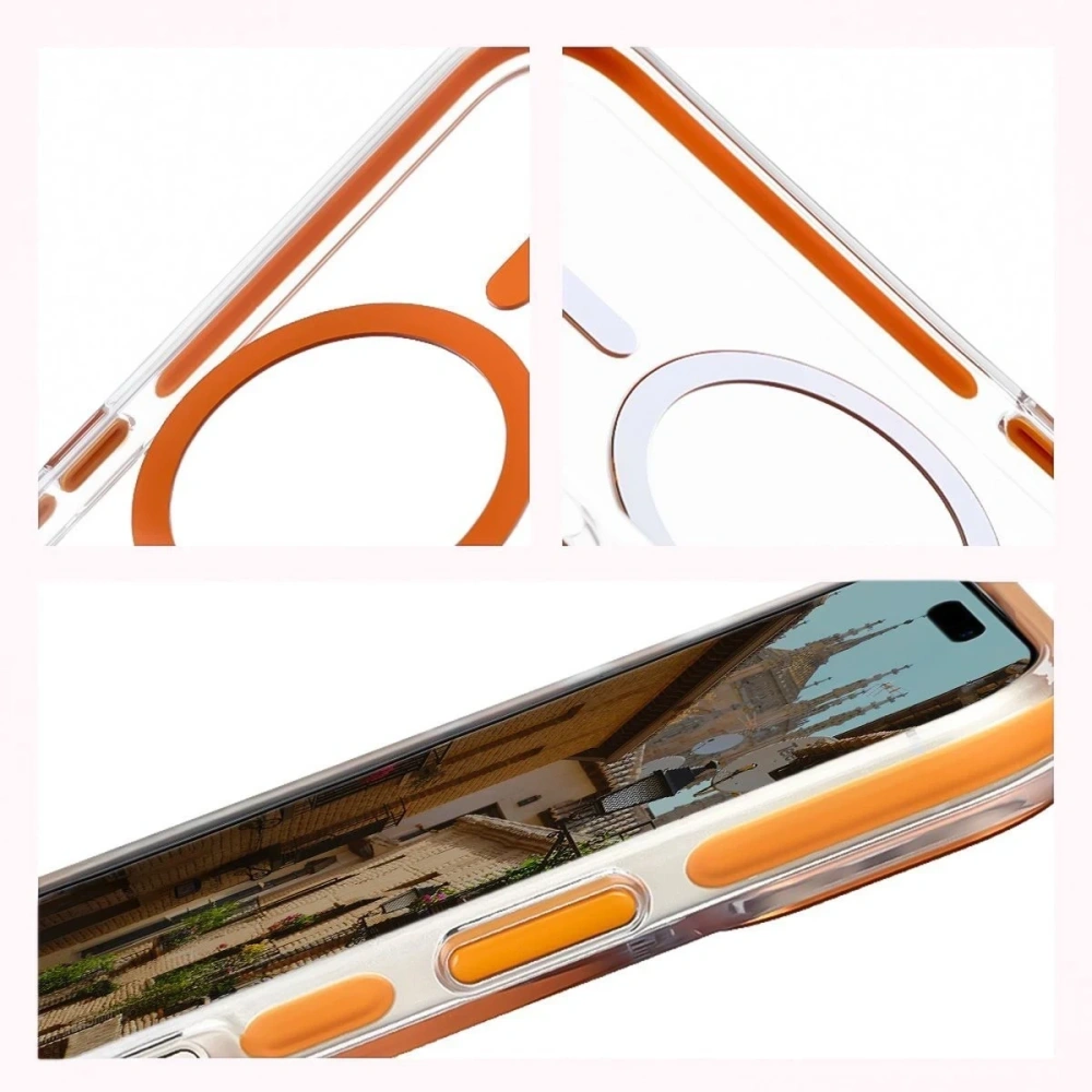 Etui z pierścieniem magnetycznym Bizon Case Marco do Apple iPhone 17 przezroczyste z pomarańczową ramką