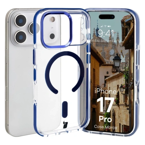 Etui z pierścieniem magnetycznym Bizon Case Marco do Apple iPhone 17 Pro przezroczyste z niebieską ramką