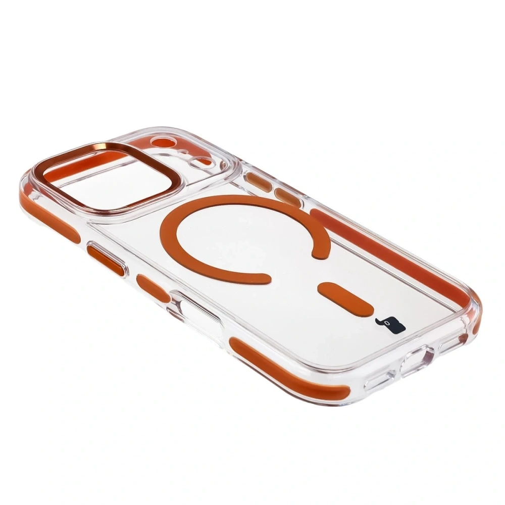 Etui z pierścieniem magnetycznym Bizon Case Marco do Apple iPhone 17 Pro przezroczyste z pomarańczową ramką