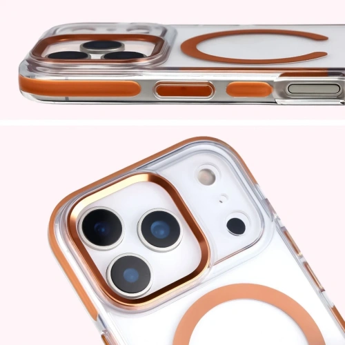 Etui z pierścieniem magnetycznym Bizon Case Marco do Apple iPhone 17 Pro przezroczyste z pomarańczową ramką