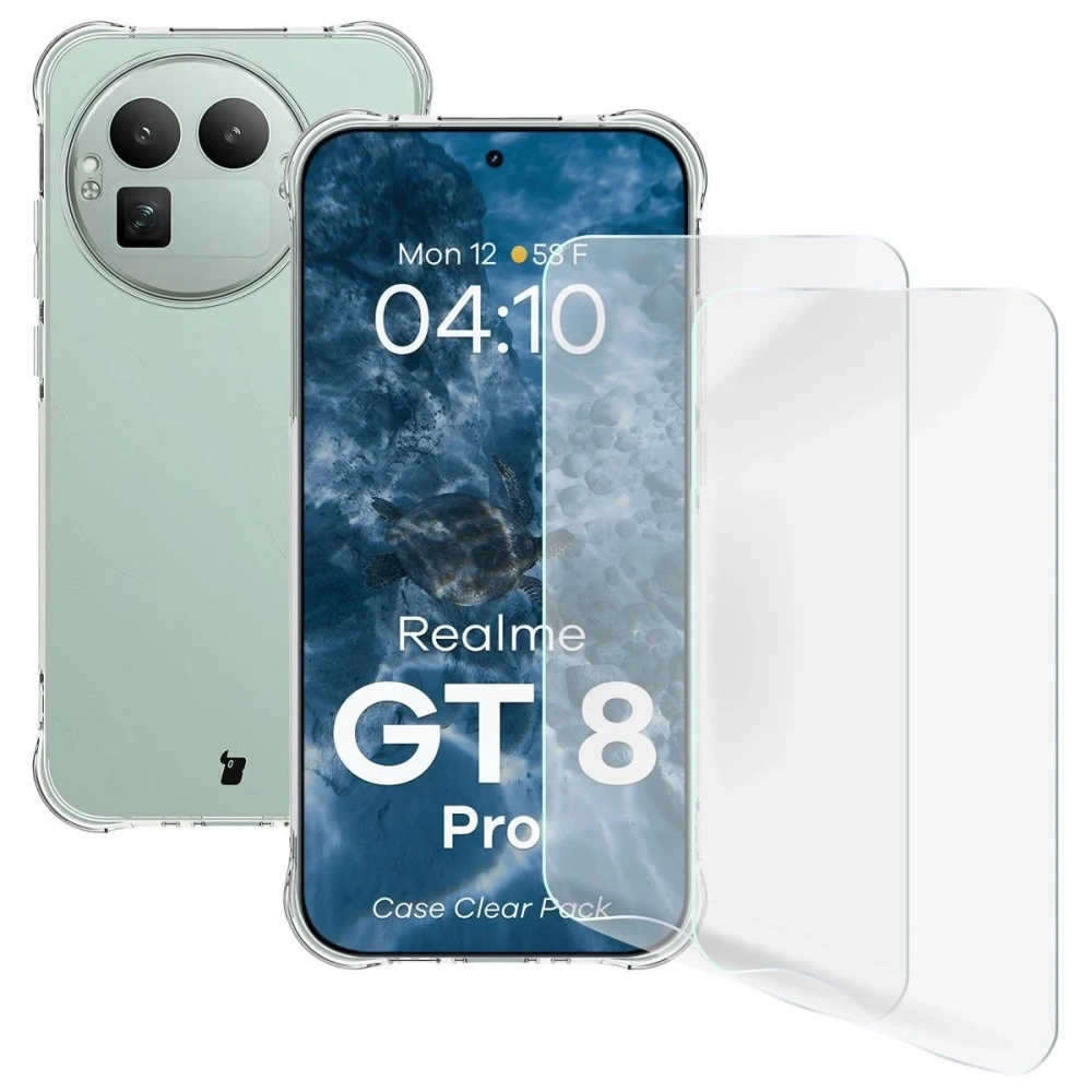 Elastyczne etui + 2x folia na ekran Bizon Case Clear Pack do Realme GT 8 Pro