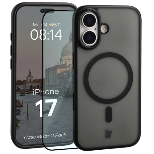 Etui z pierścieniem magnetycznym + szkło hartowane Bizon MatteO Pack do Apple iPhone 17 przydymione-czarne