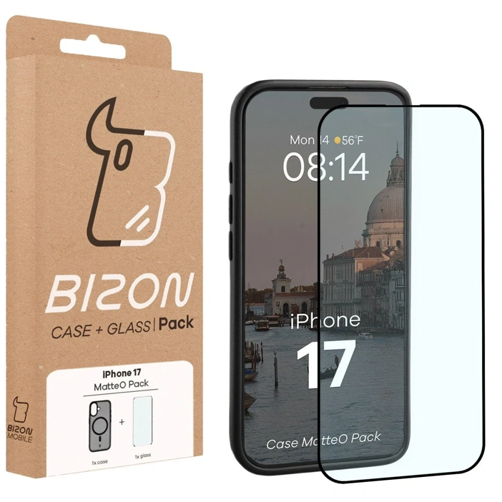 Etui z pierścieniem magnetycznym + szkło hartowane Bizon MatteO Pack do Apple iPhone 17 przydymione-czarne