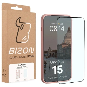 Etui z pierścieniem magnetycznym + szkło hartowane Bizon MatteO Pack do OnePlus 15 przydymione-jasnoróżowe