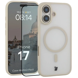Etui z pierścieniem magnetycznym + szkło hartowane Bizon MatteO Pack do Apple iPhone 17 przydymione-beżowe