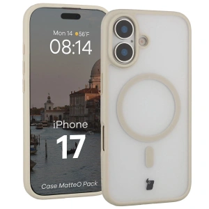 Etui z pierścieniem magnetycznym + szkło hartowane Bizon MatteO Pack do Apple iPhone 17 przydymione-beżowe