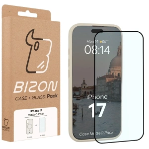 Etui z pierścieniem magnetycznym + szkło hartowane Bizon MatteO Pack do Apple iPhone 17 przydymione-beżowe