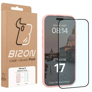 Etui z pierścieniem magnetycznym + szkło hartowane Bizon MatteO Pack do Apple iPhone 17 przydymione-jasnoróżowe