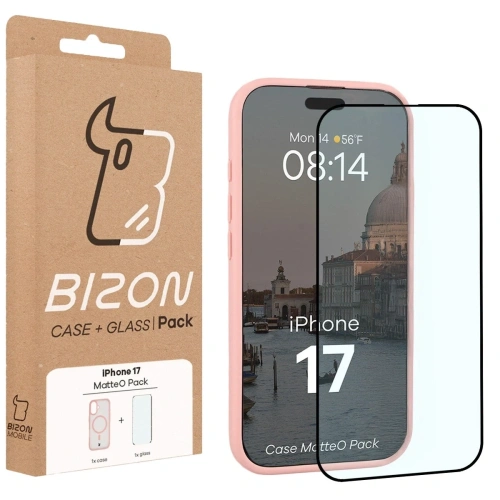 Etui z pierścieniem magnetycznym + szkło hartowane Bizon MatteO Pack do Apple iPhone 17 przydymione-jasnoróżowe