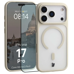 Etui z pierścieniem magnetycznym + szkło hartowane Bizon MatteO Pack do Apple iPhone 17 Pro przydymione-beżowe