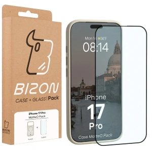 Etui z pierścieniem magnetycznym + szkło hartowane Bizon MatteO Pack do Apple iPhone 17 Pro przydymione-beżowe