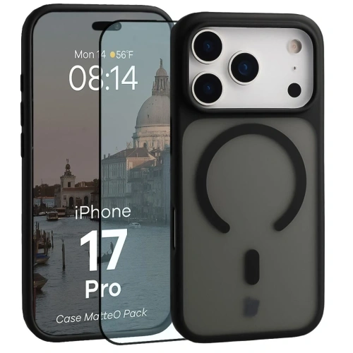Etui z pierścieniem magnetycznym + szkło hartowane Bizon MatteO Pack do Apple iPhone 17 Pro przydymione-czarne