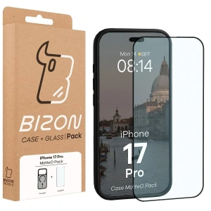 Etui z pierścieniem magnetycznym + szkło hartowane Bizon MatteO Pack do Apple iPhone 17 Pro przydymione-czarne