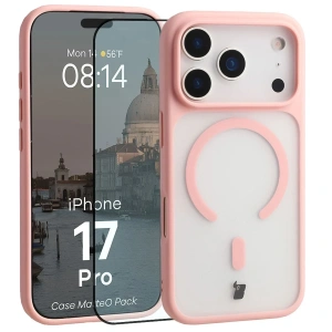 Etui z pierścieniem magnetycznym + szkło hartowane Bizon MatteO Pack do Apple iPhone 17 Pro przydymione-jasnoróżowe