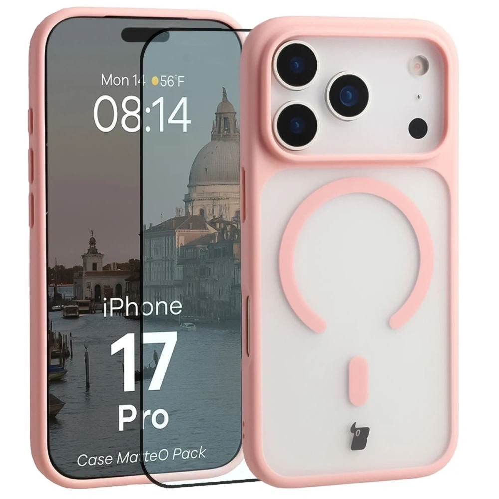 Etui z pierścieniem magnetycznym + szkło hartowane Bizon MatteO Pack do Apple iPhone 17 Pro przydymione-jasnoróżowe