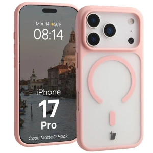 Etui z pierścieniem magnetycznym + szkło hartowane Bizon MatteO Pack do Apple iPhone 17 Pro przydymione-jasnoróżowe