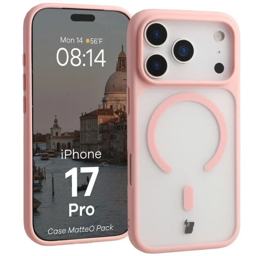 Etui z pierścieniem magnetycznym + szkło hartowane Bizon MatteO Pack do Apple iPhone 17 Pro przydymione-jasnoróżowe