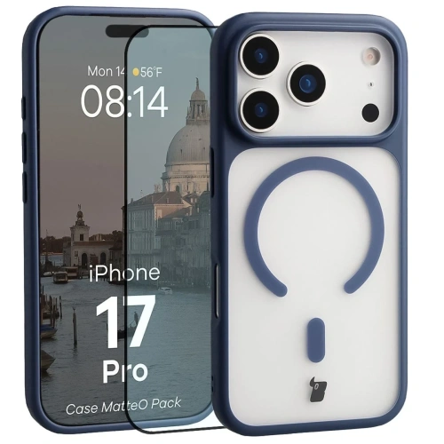Etui z pierścieniem magnetycznym + szkło hartowane Bizon MatteO Pack do Apple iPhone 17 Pro przydymione-granatowe