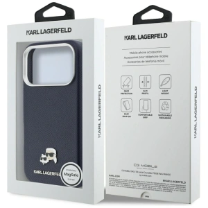 Etui Karl Lagerfeld Karl & Choupette Head Pins Saffiano MagSafe do Apple iPhone 17 Pro Max niebieski