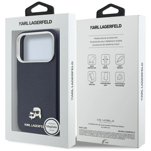Etui Karl Lagerfeld Karl & Choupette Head Pins Saffiano MagSafe do Apple iPhone 17 Pro Max niebieski