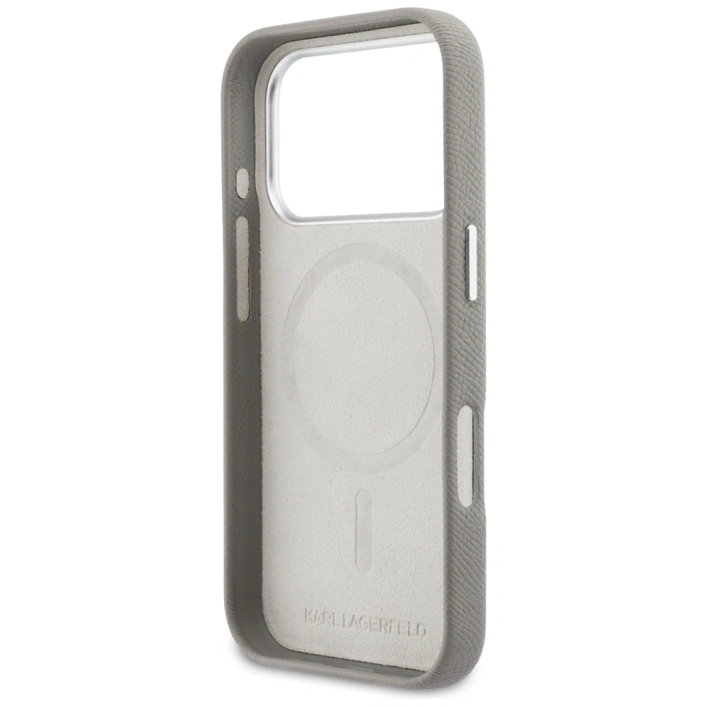 Etui Karl Lagerfeld Karl & Choupette Head Pins Saffiano MagSafe do Apple iPhone 17 Pro Max szary