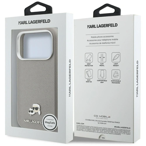 Etui Karl Lagerfeld Karl & Choupette Head Pins Saffiano MagSafe do Apple iPhone 17 Pro Max szary
