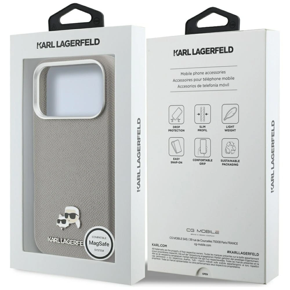 Etui Karl Lagerfeld Karl & Choupette Head Pins Saffiano MagSafe do Apple iPhone 17 Pro Max szary