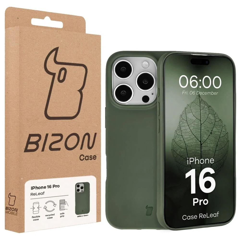 Etui z recyklingu Bizon Case ReLeaf do Apple iPhone 16 Pro ciemnozielone