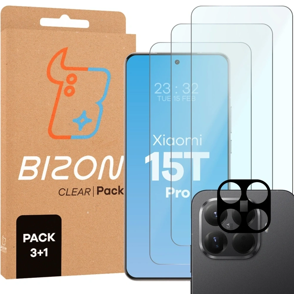 3x Szkło hartowane + szybka na aparat Bizon Glass Clear Pack do Xiaomi 15T Pro