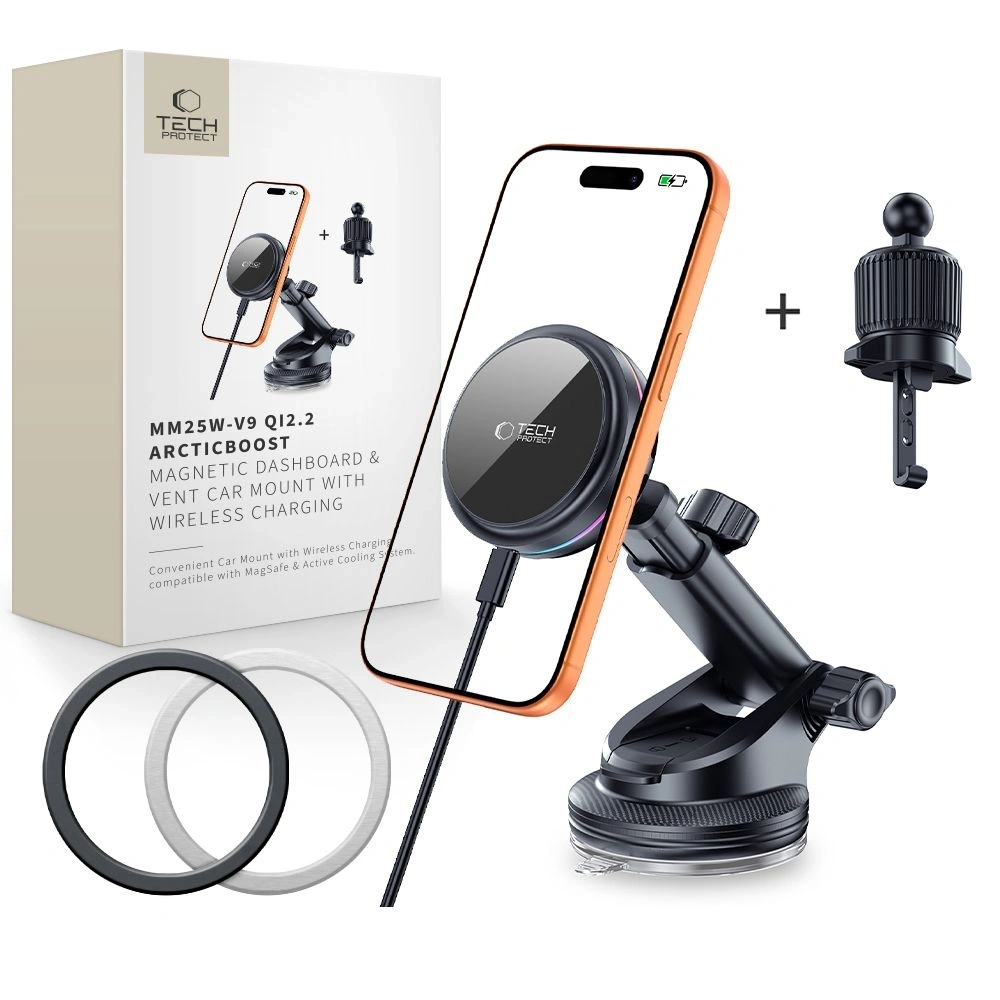 Uchwyt samochodowy na kokpit / do kratki Tech-Protect V9 Arcticboost Magnetic MagSafe Dashboard & Vent Car Mount Wireless Charger 25W QI2.2 Black