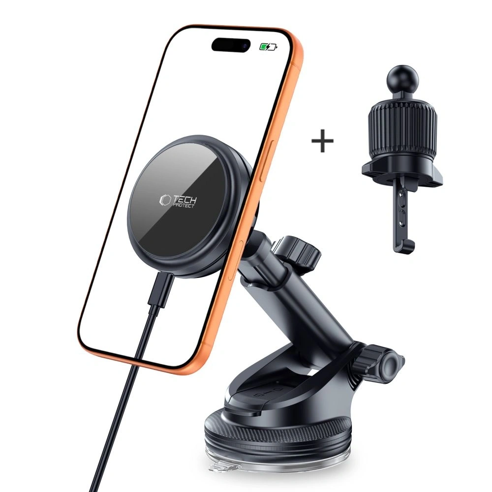 Uchwyt samochodowy na kokpit / do kratki Tech-Protect V9 Arcticboost Magnetic MagSafe Dashboard & Vent Car Mount Wireless Charger 25W QI2.2 Black
