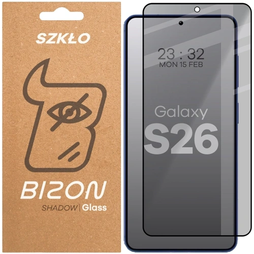 Prywatyzujące szkło hartowane Bizon Glass Edge Shadow do Samsung Galaxy S26 przyciemniane z czarną ramką
