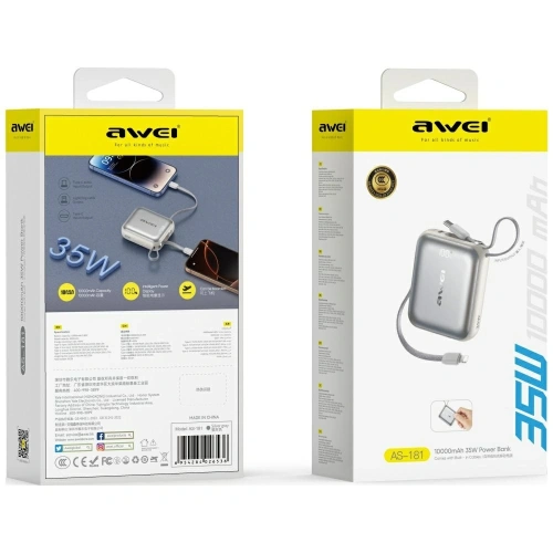Powerbank Awei AS-181 10000mAh 35W USB-C + kable Lightning / USB-C srebrny