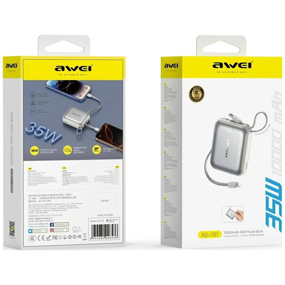 Powerbank Awei AS-181 10000mAh 35W USB-C + kable Lightning / USB-C srebrny