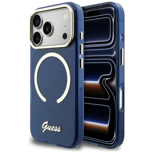 Etui Guess IML Script Metal MagSafe do Apple iPhone 17 Pro Max niebieski