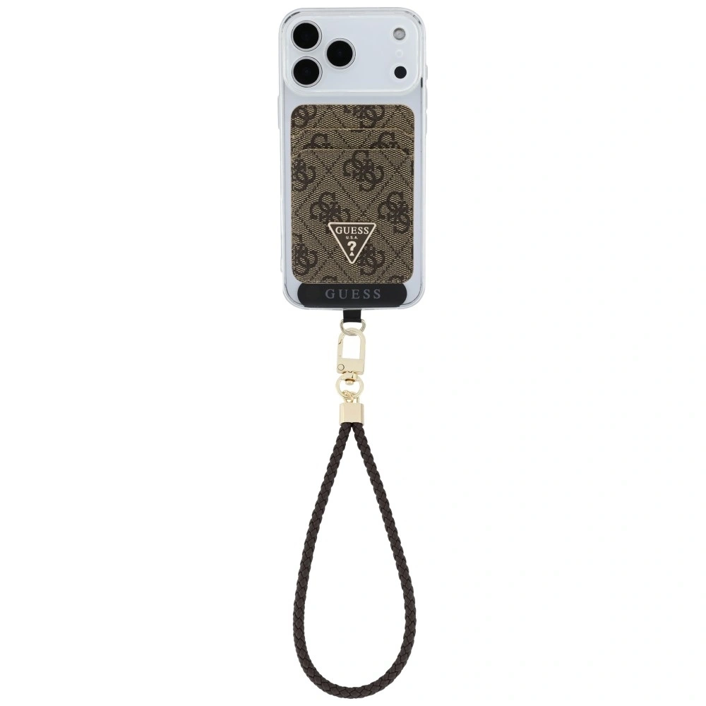 Zestaw portfel + hand strap Guess triangle MagSafe brązowy