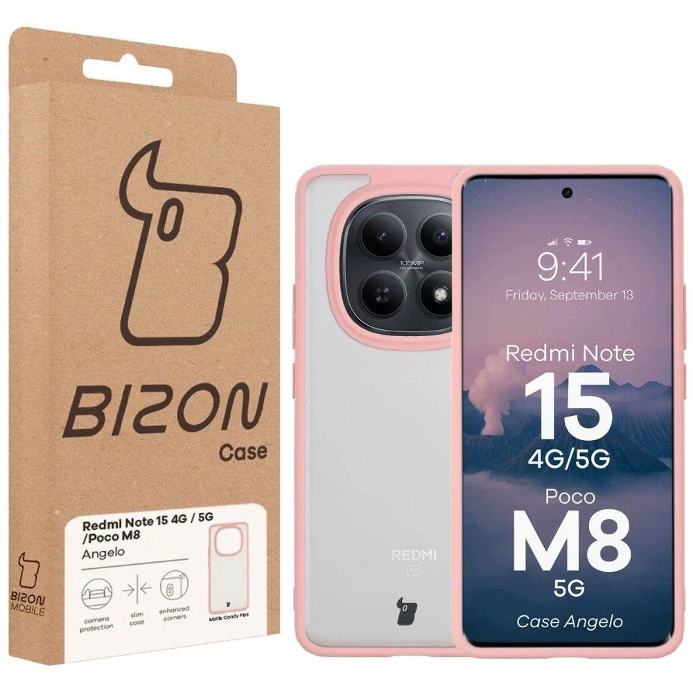 Etui Bizon Case Angelo do Xiaomi Redmi Note 15 / POCO M8 5G półprzezroczyste z jasnoróżową ramką
