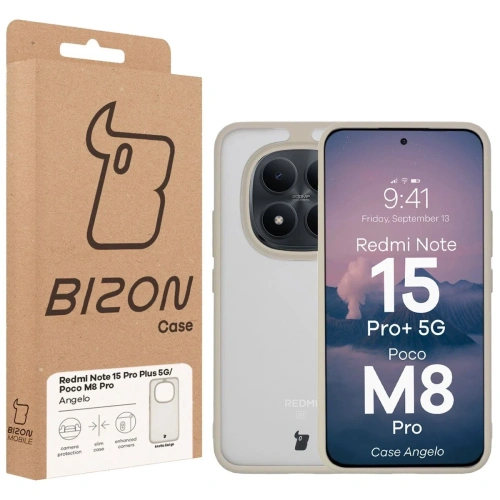 Etui Bizon Case Angelo do Xiaomi Redmi Note 15 Pro+ Plus 5G / POCO M8 Pro 5G półprzezroczyste z beżową ramką