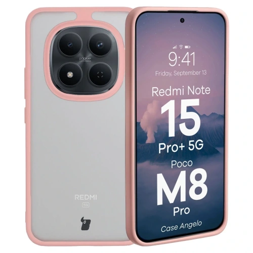 Etui Bizon Case Angelo do Xiaomi Redmi Note 15 Pro+ Plus 5G / POCO M8 Pro 5G półprzezroczyste z jasnoróżową ramką