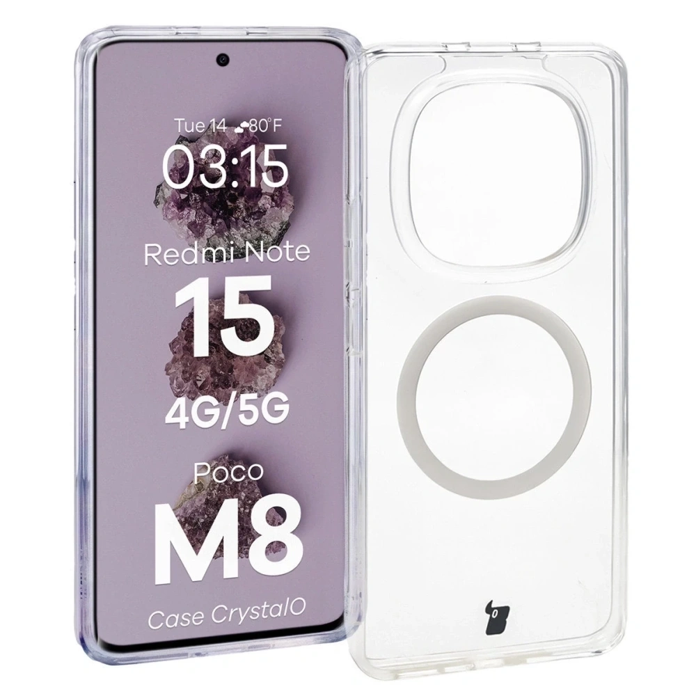 Etui z pierścieniem magnetycznym Bizon Case CrystalO do Xiaomi Redmi Note 15 / POCO M8 5G przezroczyste