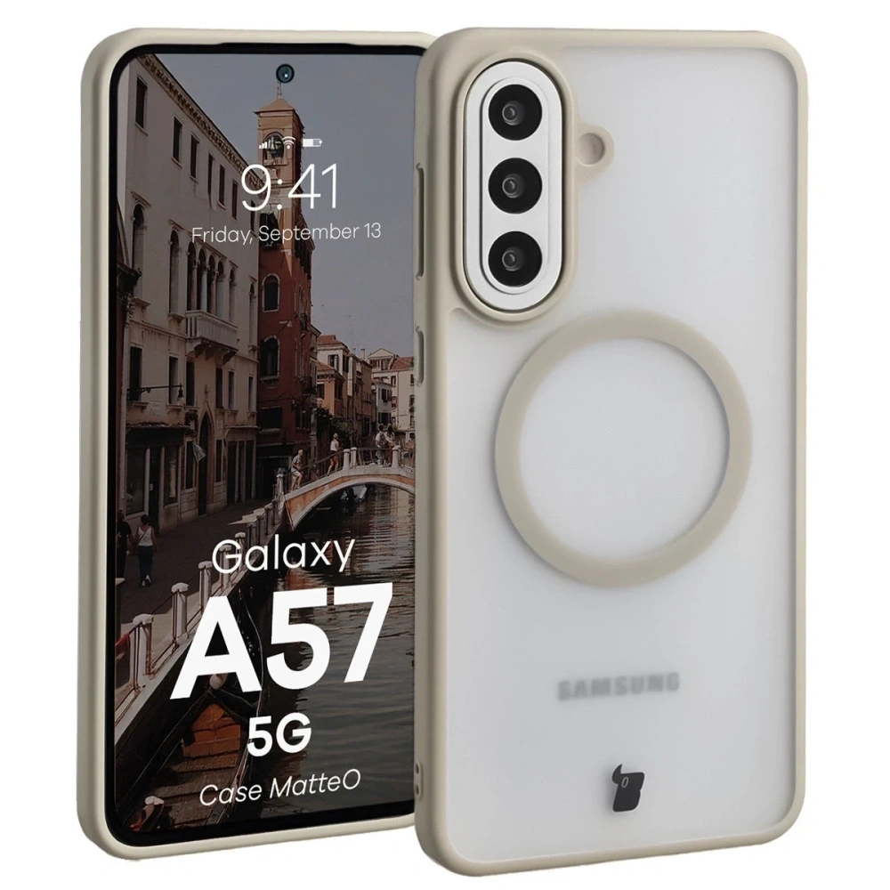 Etui z pierścieniem magnetycznym Bizon Case MatteO do Samsung Galaxy A57 5G przydymione-beżowe