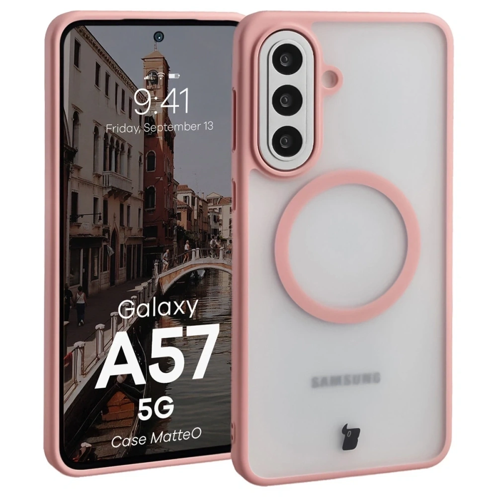 Etui z pierścieniem magnetycznym Bizon Case MatteO do Samsung Galaxy A57 5G przydymione-jasnoróżowe