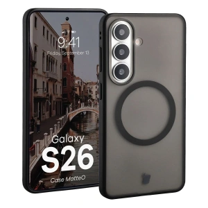 Etui z pierścieniem magnetycznym Bizon Case MatteO do Samsung Galaxy S26 przydymione-czarne